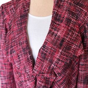 Chico’s-Chic mixed berry woven tweed ruffle front blazer. Size 12/14. Like new!